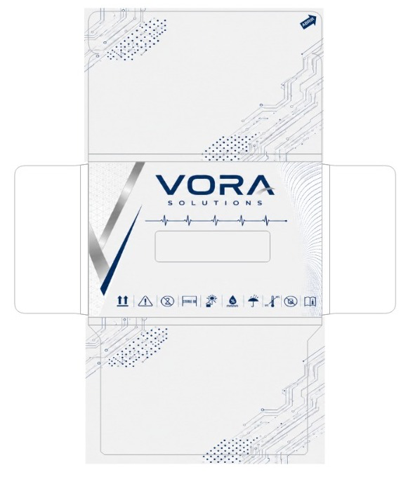 Arte plana da embalagem Vora Solutions, branca, com marca azul-marinho, detalhes em prata e linhas de circuitos.